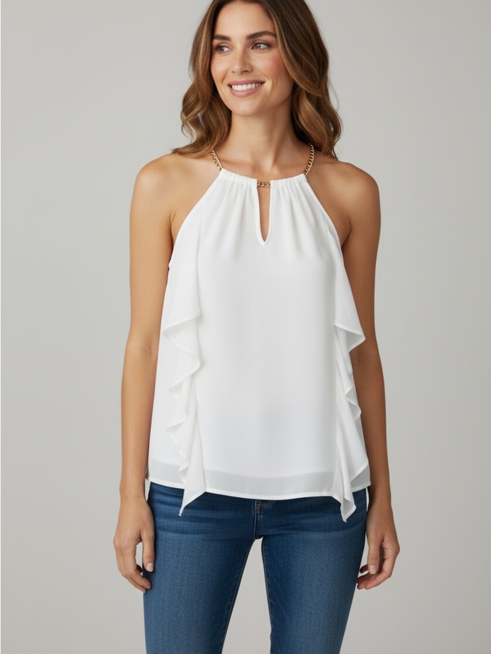 O32 Thalia Sodi Cream Ruffle Top with Gold Chain
